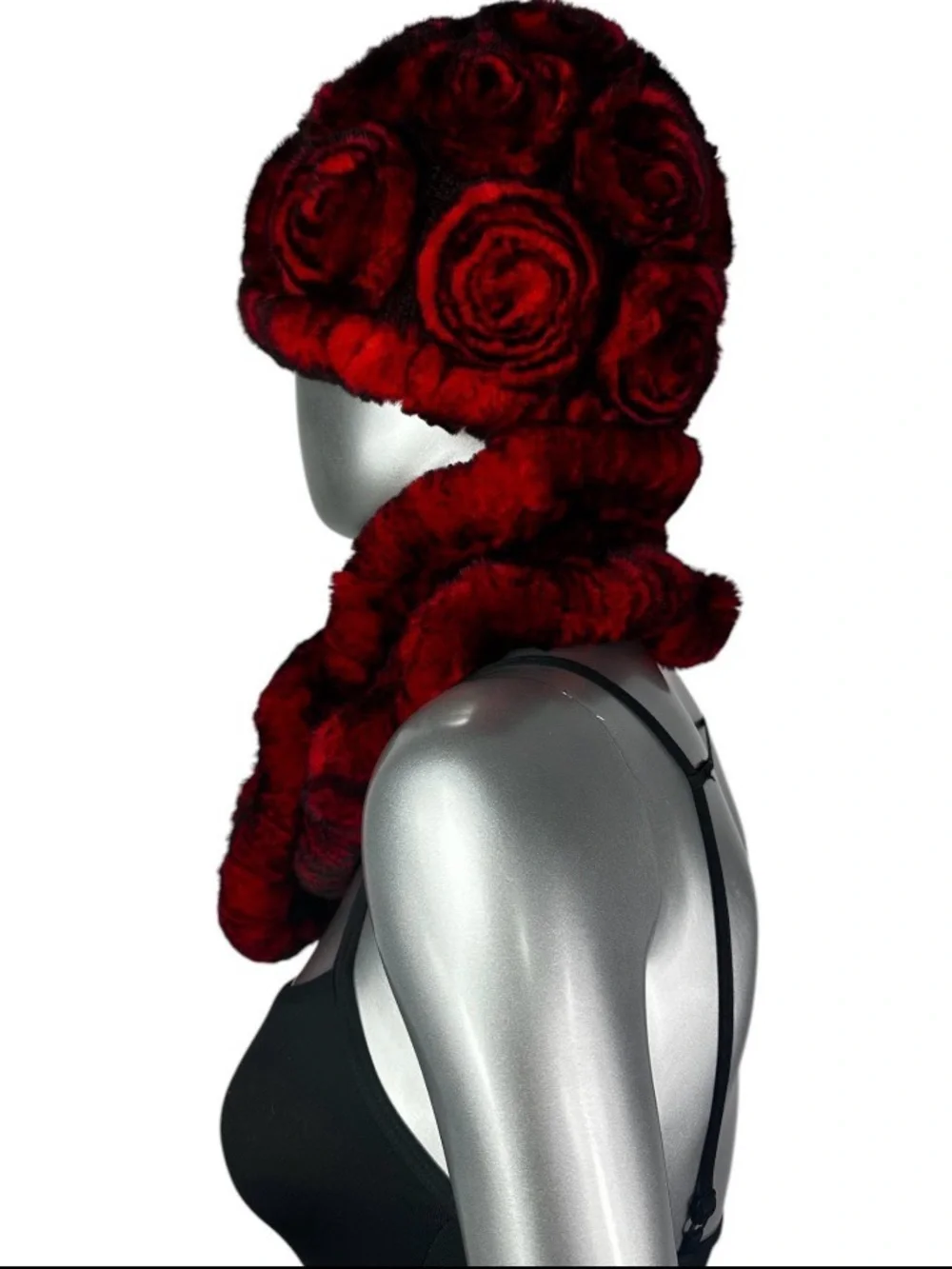 Red REX RABBIT Hat and Scarf w/Rosettes, One Size 21”-23” w/Stretch